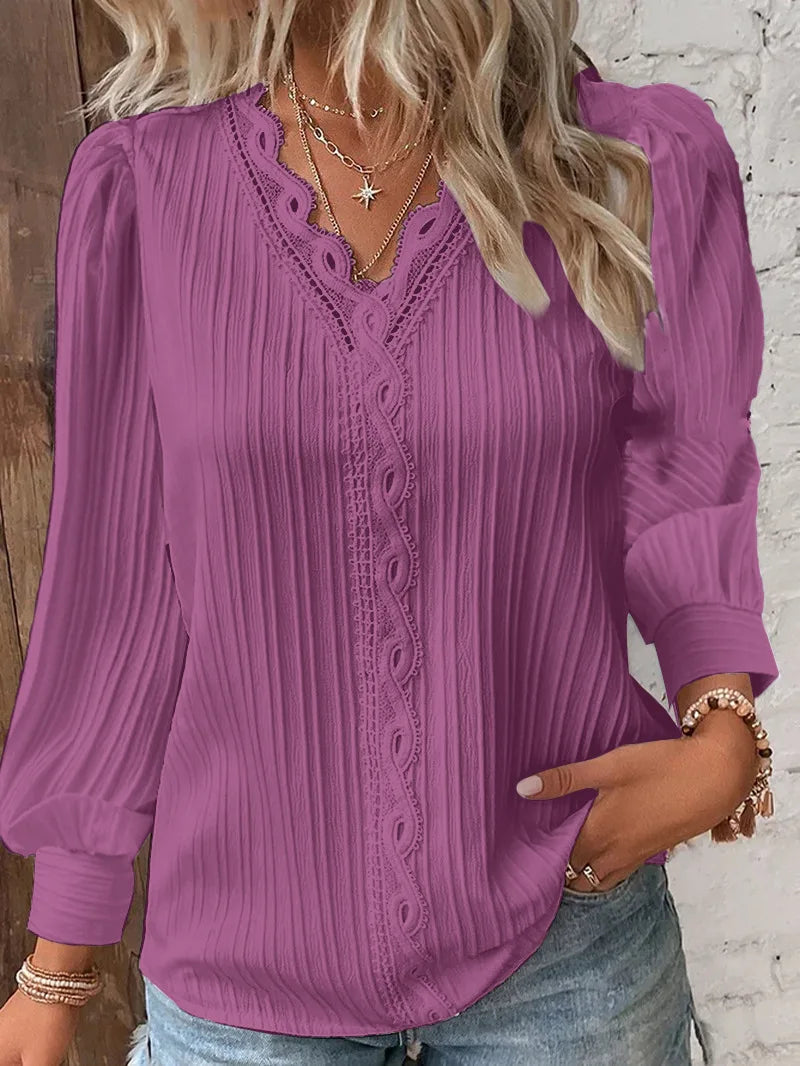 Evelyn Women's Blouse | Hollow Lace Patchwork, Long Sleeve Summer Top - 8