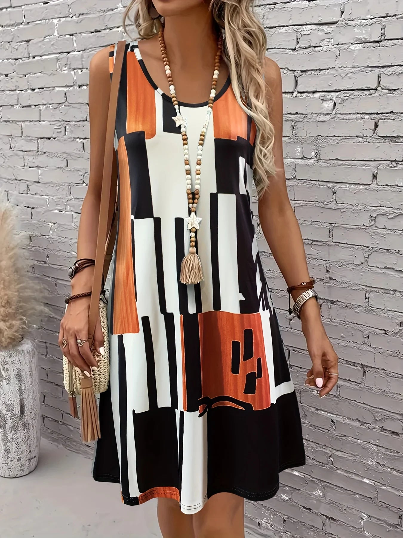 Gina Women's Midi Dress | Geometric Pattern, Sleeveless - 8