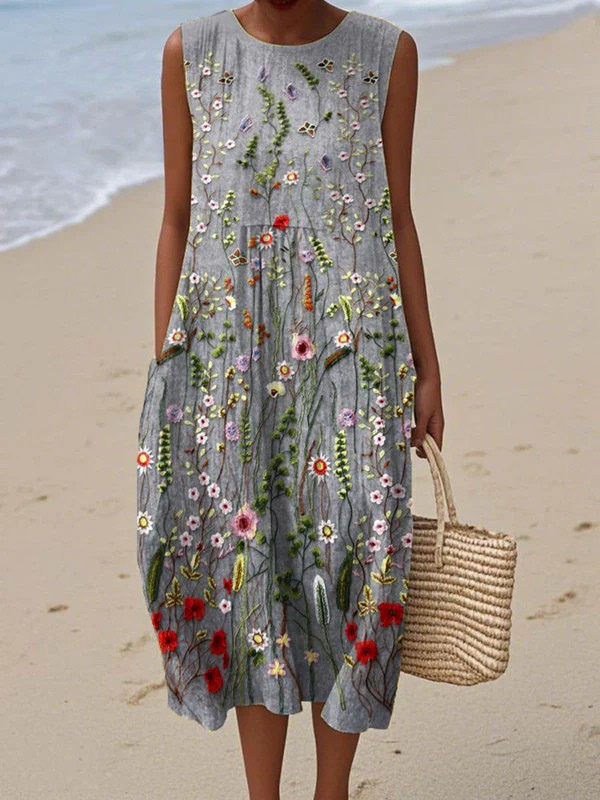 Celia Women's Midi Dress | Relaxed Fit, Wildflower Embroidery - 2