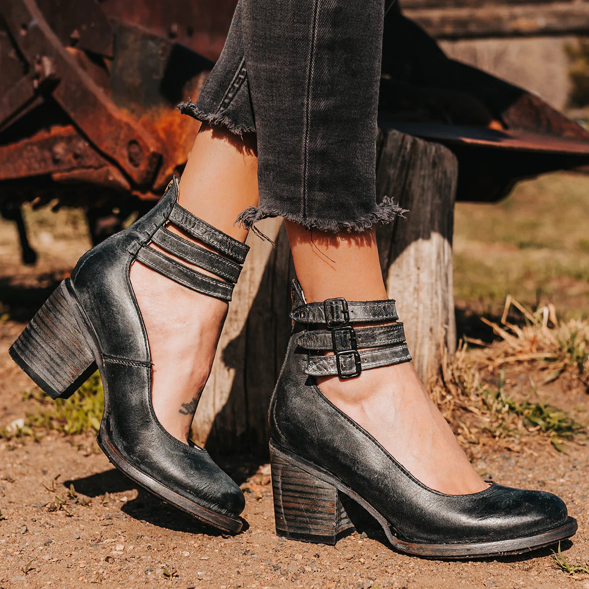 Fiona Women's Black Ankle Strap Heels | Block Heel Design, Closed Toe - 12