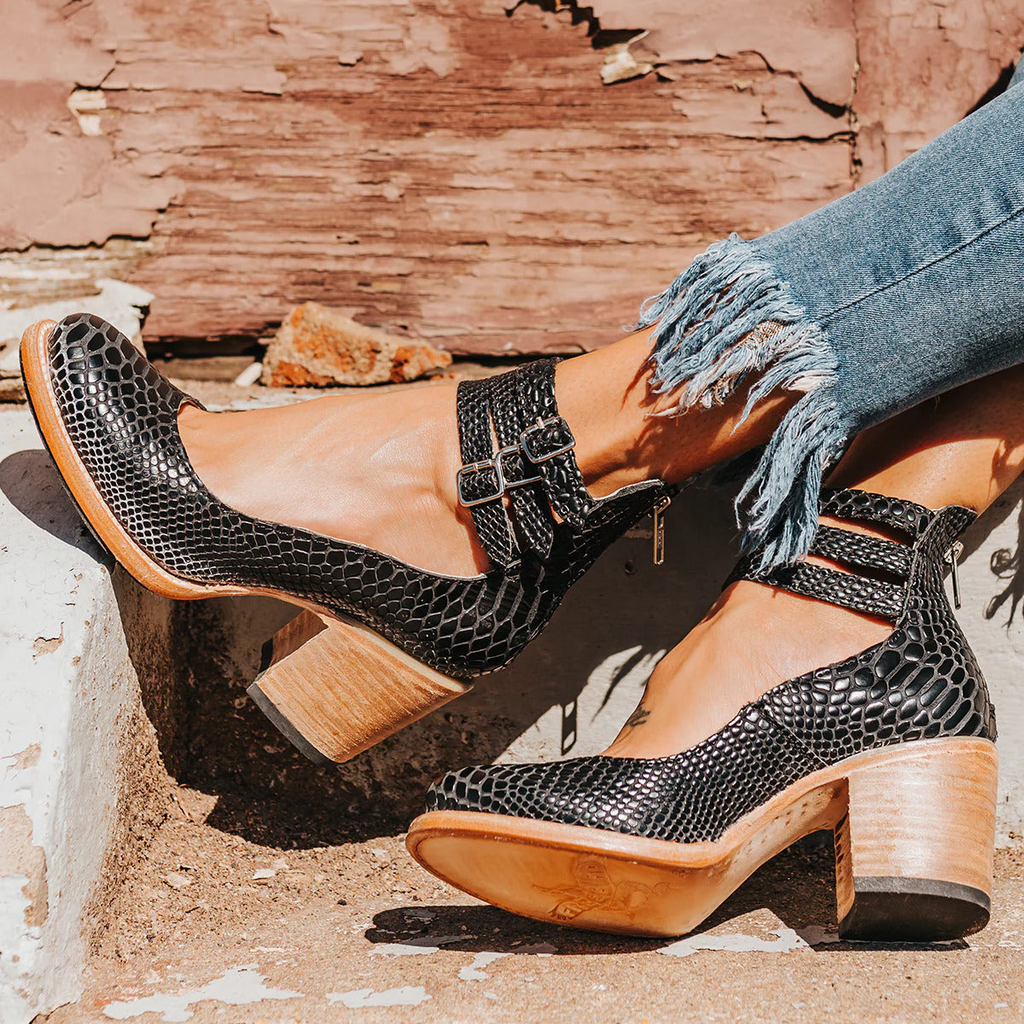 Fiona Women's Black Ankle Strap Heels | Block Heel Design, Closed Toe - 24