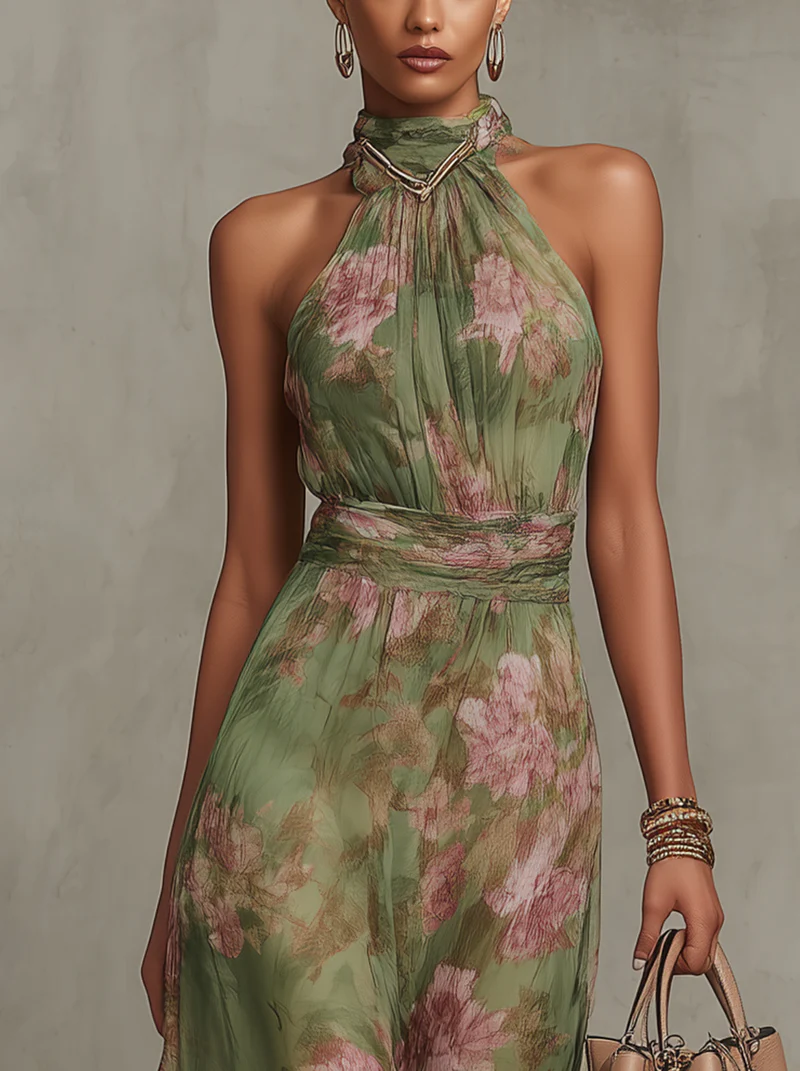 Celia Women's Maxi Dress | Floral Chiffon, Elegant Halter Design - 3