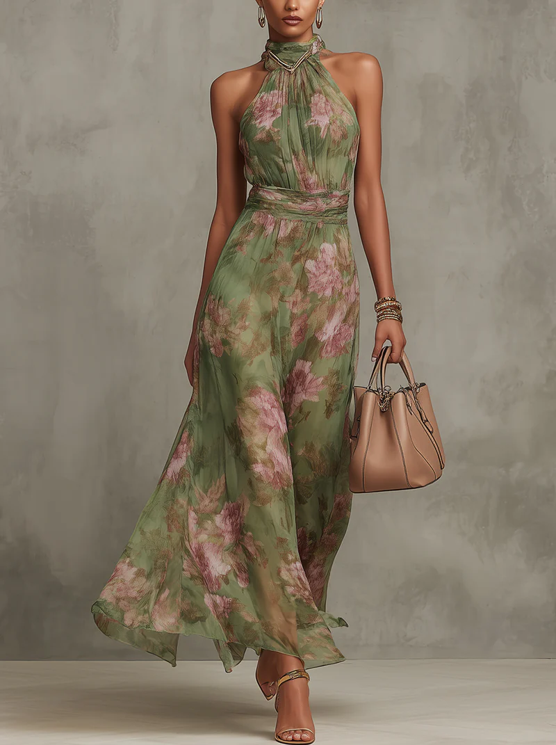 Celia Women's Maxi Dress | Floral Chiffon, Elegant Halter Design - 1