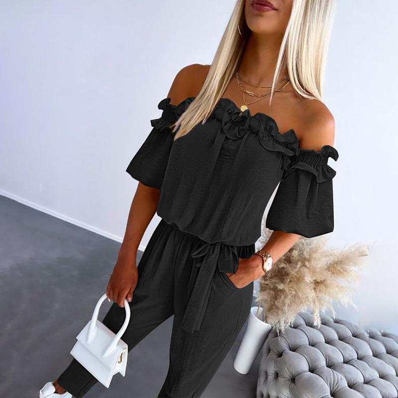 Off-Shoulder Women's Jumpsuit with Tie-Waist – Chic Black Jumpsuit for Day and Night Wear - 4