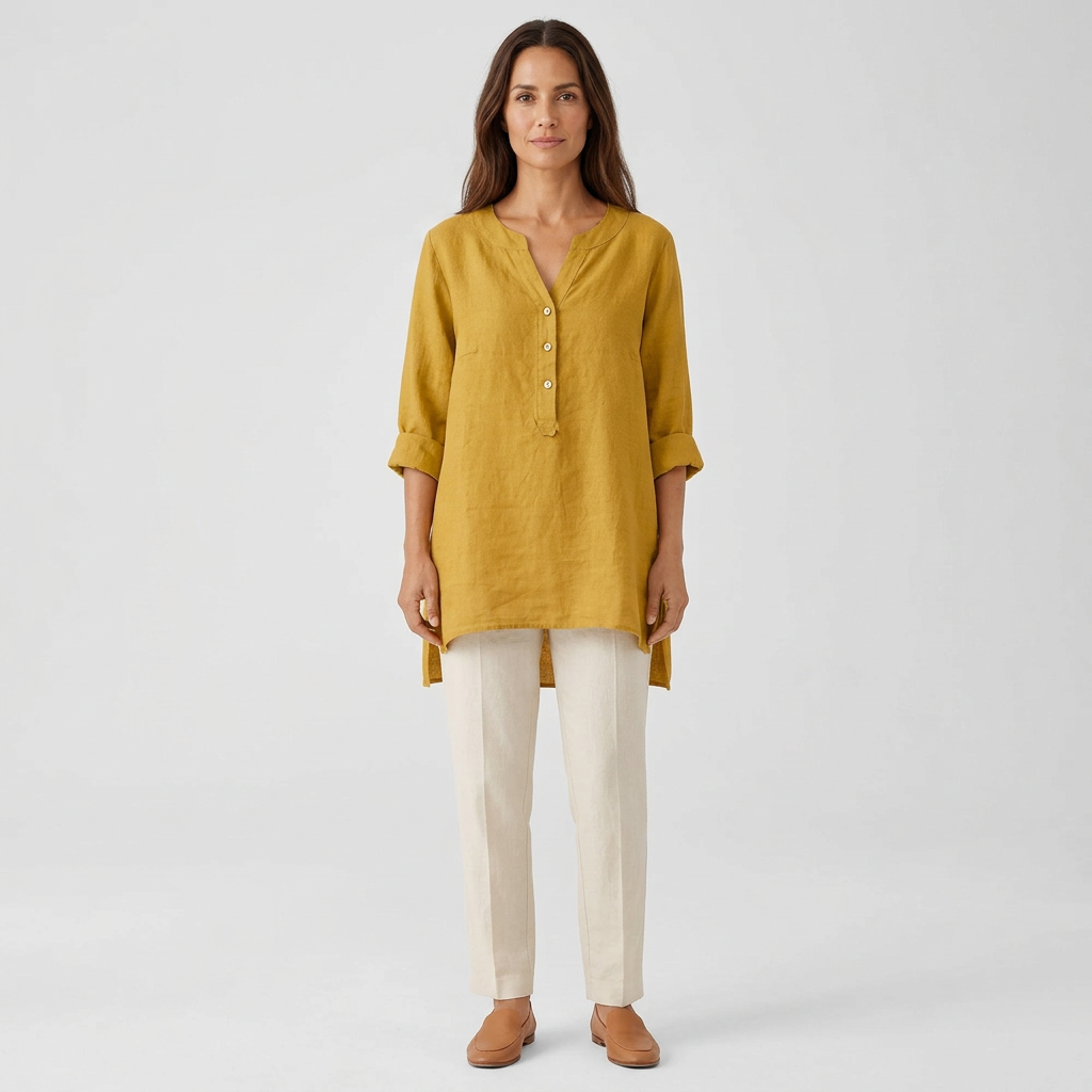 Lightweight Linen Womens Blouse - Long Sleeve Summer Top with Relaxed Fit and Rollable Sleeves, Various Colors Available - 1