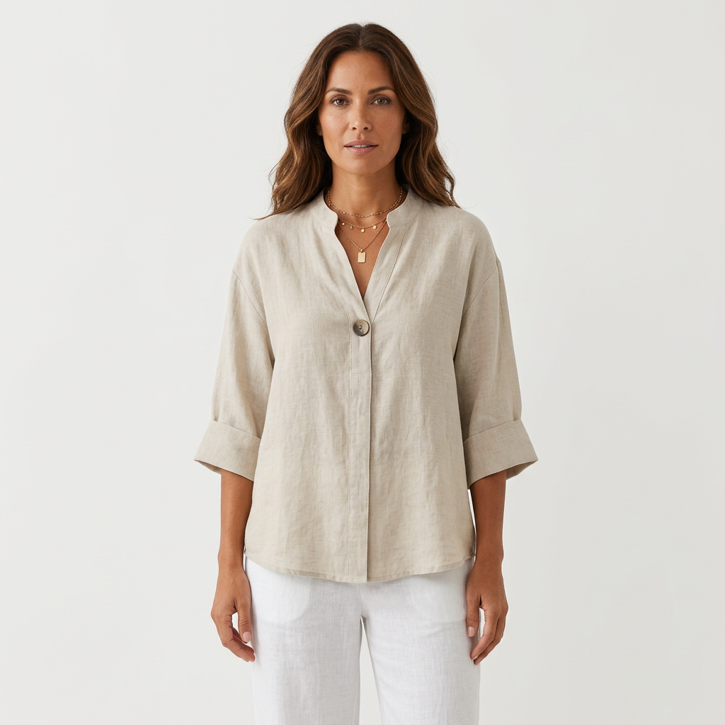 Relaxed Linen Blouse for Women – Breathable Going Out Top with V-Neck Design - 1