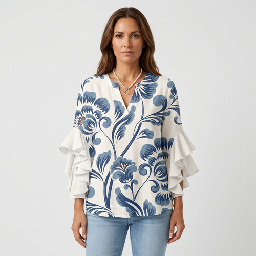 Womens Blouse with Ruffle Sleeves and Elegant Prints - Relaxed Fit Lightweight Top for Everyday Style - 1
