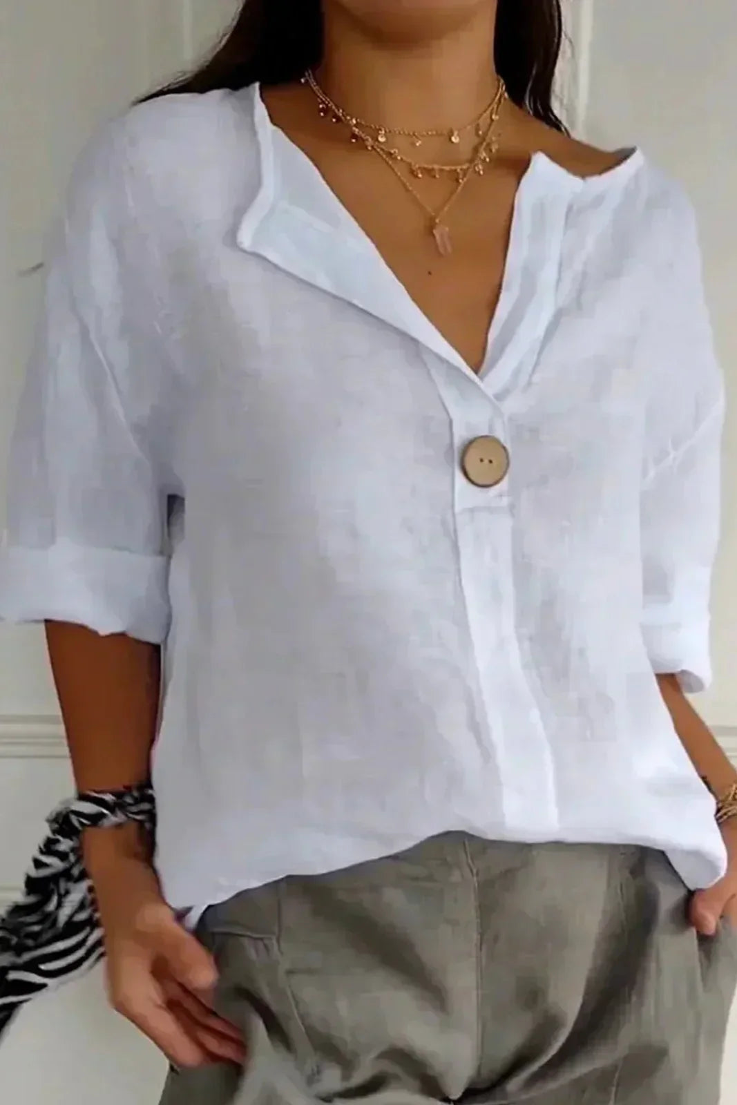 Relaxed Linen Blouse for Women – Breathable Going Out Top with V-Neck Design - 6