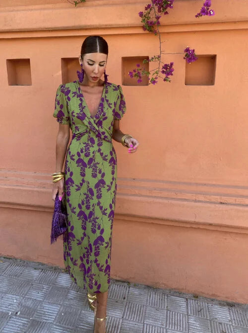 Fiona Women's Summer Dress | Elegant V-Neck, Puff Sleeves Maxi Dress - 7