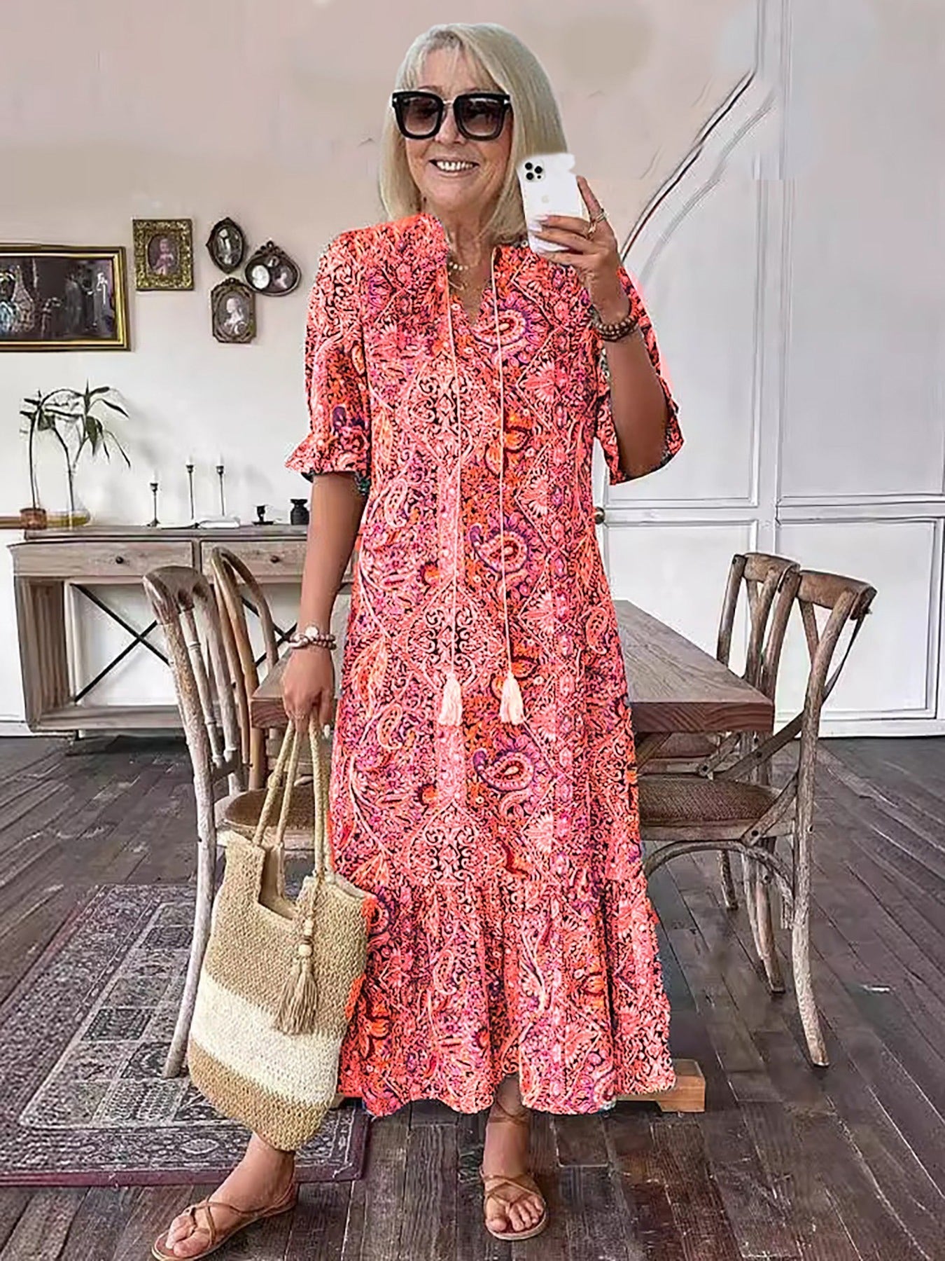Gina Women's Summer Maxi Dress | Soft Cotton, Boho Lace-Up Detail - 8