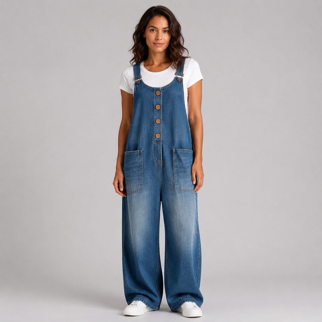 Saylor Women's Denim Look Overalls - studio model shot on neutral grey backdrop (GPT Image 2)
