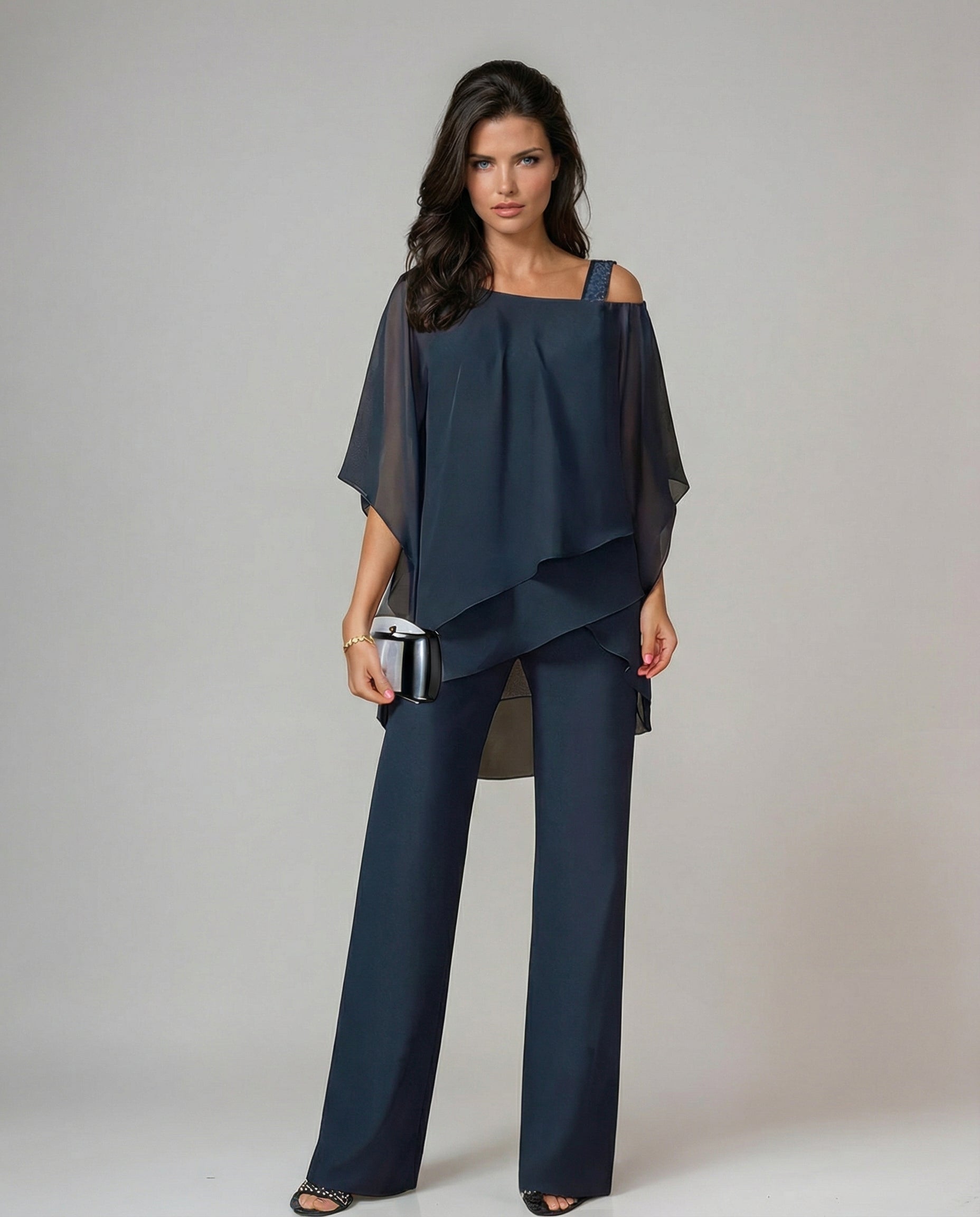 Gina Women's Outfit | Cotton Blend Fluid Set with Asymmetrical Top and Wide-Leg Trousers - 5
