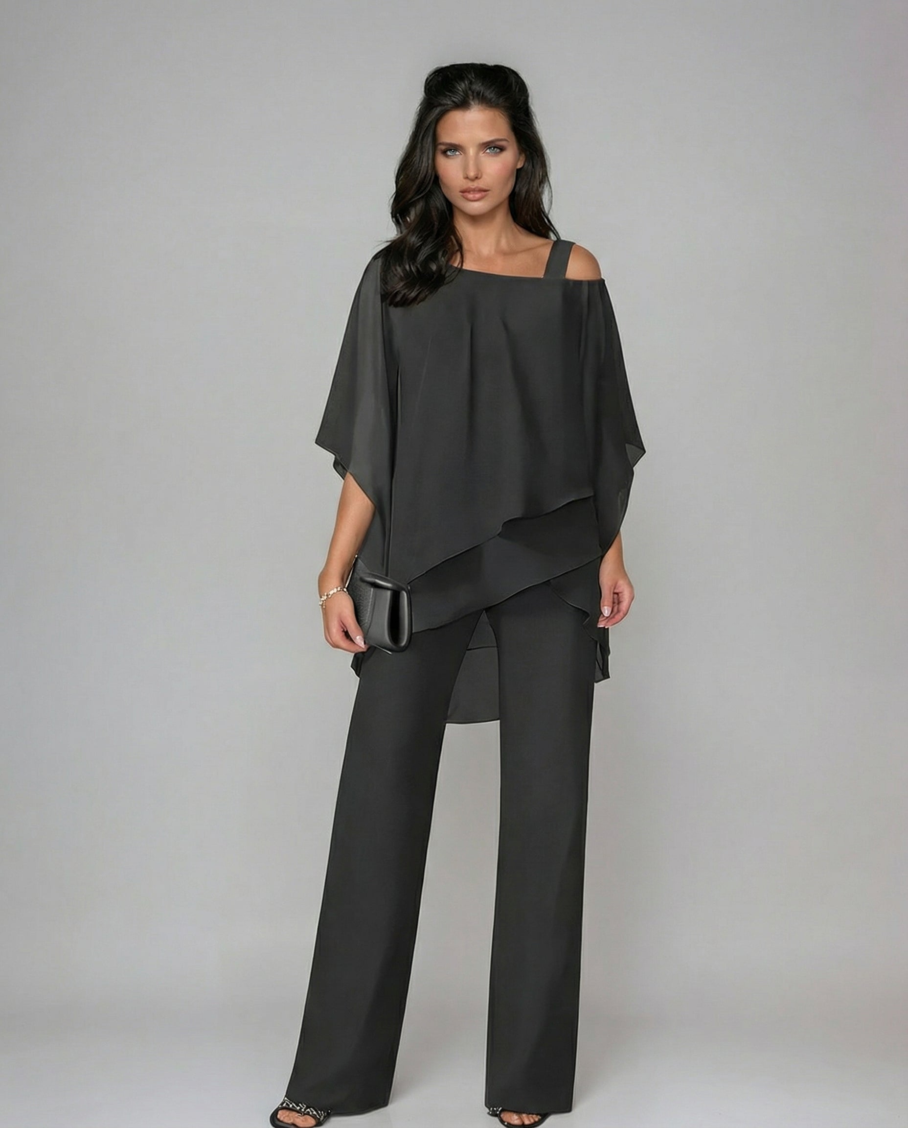 Gina Women's Outfit | Cotton Blend Fluid Set with Asymmetrical Top and Wide-Leg Trousers - 2