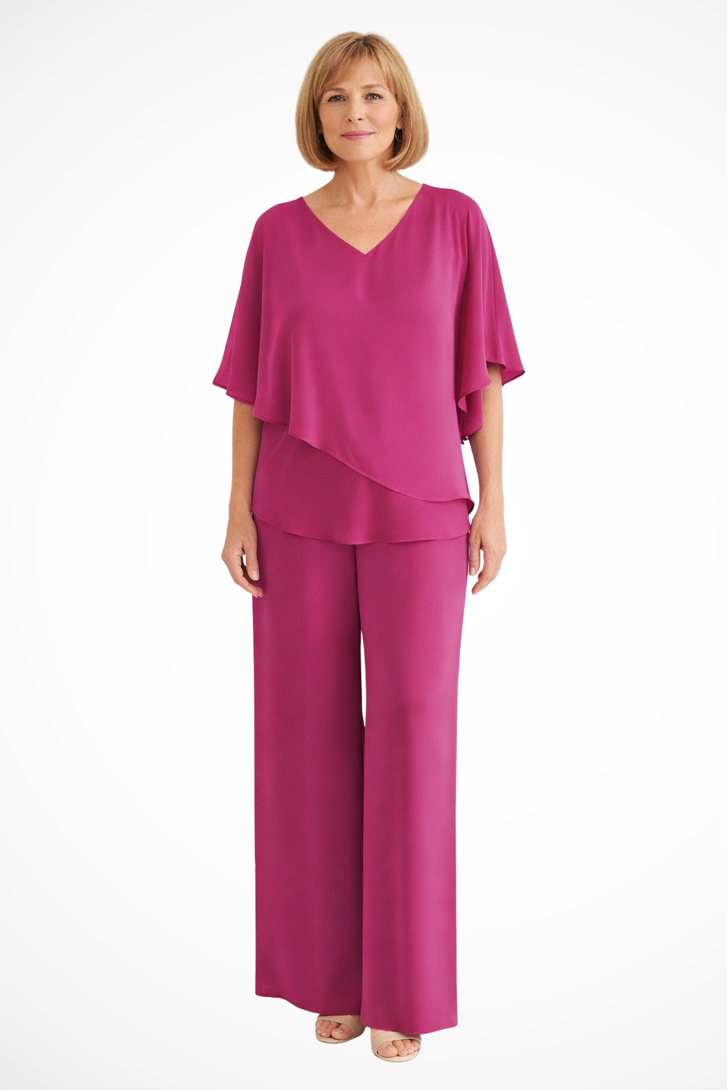 Sera Women's Set | V Neck Batwing Sleeve Top & Wide Leg Trousers, Loungewear - 11